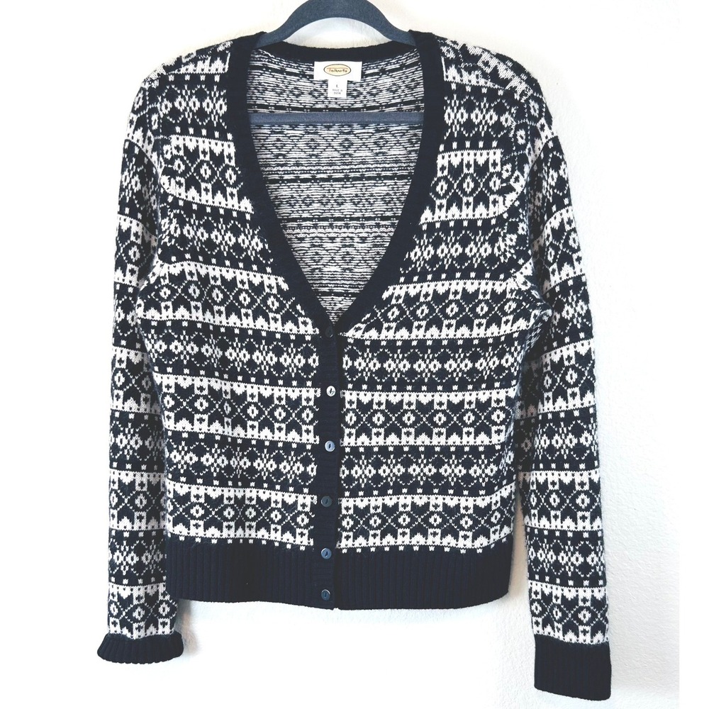 Talbots Fair Isle Cottagecore Nordic Cardigan Black White Lambswool Cashmere L